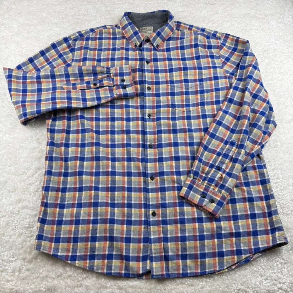 L.L. Bean Button Down Shirt Mens XL Blue Orange Plaid Flannel Collar 294213